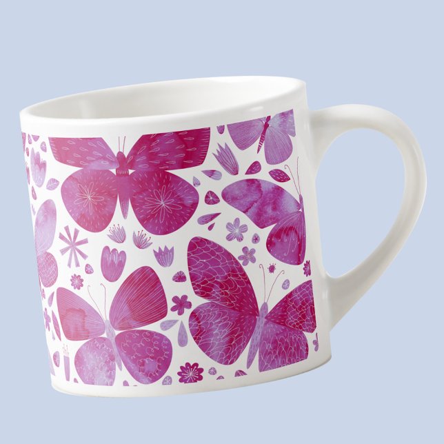 Taza De Espresso Color de agua de mariposa rosa (Hot magenta pink and white watercolor butterfly pattern  espresso cup)