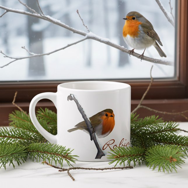 Taza De Espresso Copa de Espresso Robin Bird de Invierno Personaliz (Bring the beauty of nature indoors with this enchanting personalized robin espresso cup.)