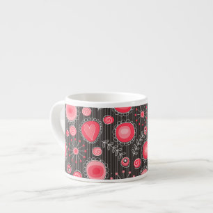 Taza De Espresso Corazones rojos y grises brillantes y flores flora