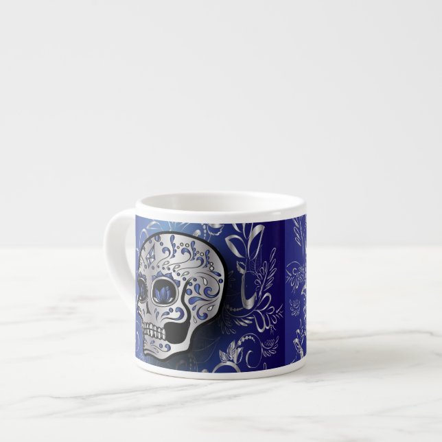 Taza De Espresso Cráneo azul y de plata del zafiro caprichoso (Izquierda)