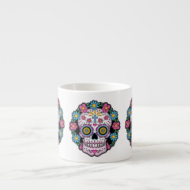 Taza De Espresso Cráneo de Dia de los Muertos Sugar (Frente)