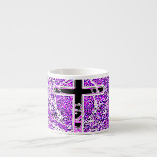 TAZA DE ESPRESSO CRUZ NEGRA Y ROSA CON FONDO PURPLE