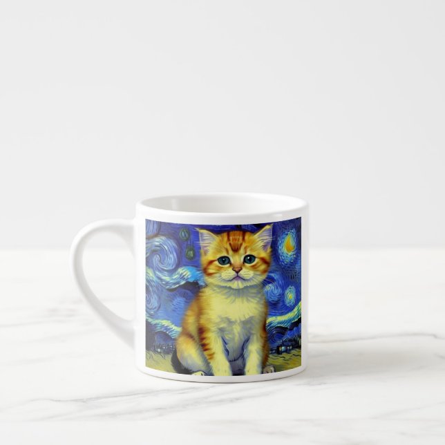 Taza De Espresso Cute Kitten Starry Night Van Gogh (Izquierda)