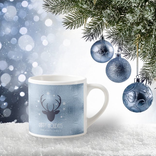 Taza De Espresso Deer Antlers Silhouette & Snowflakes Blue ID861 (Subido por el creador)