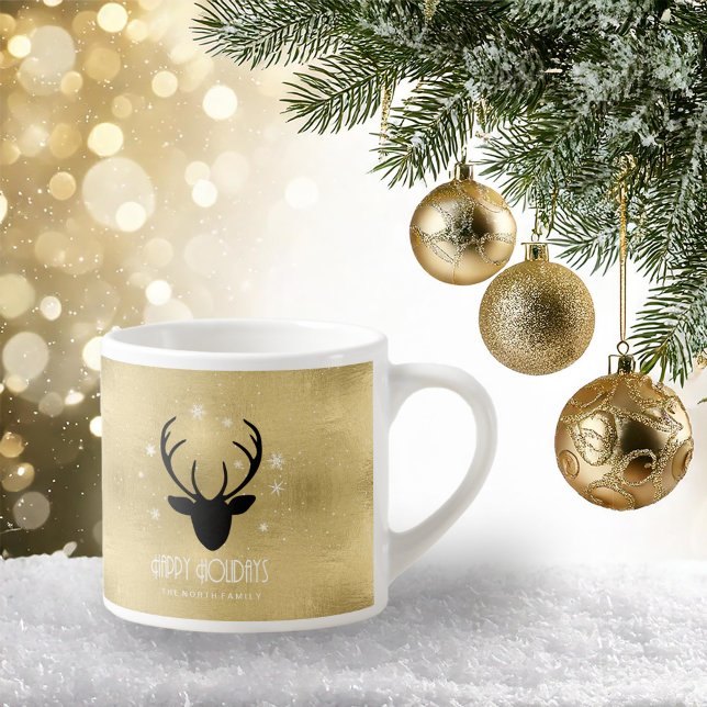 Taza De Espresso Deer Antlers Silhouette & Snowflakes Gold ID861 (Subido por el creador)
