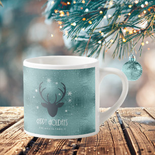 Taza De Espresso Deer Antlers Silhouette & Snowflakes Verde azulada
