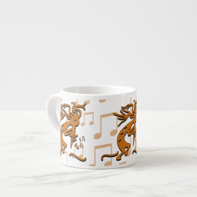 Taza De Espresso Derecha Enfrentando Al Músico Kokopelli Con Notas  (Izquierda)
