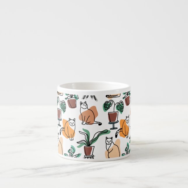Taza De Espresso Dibujo en línea de gatos y flores (Frente)