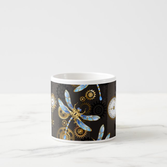 Taza De Espresso Dragoniscos de Steampunk sobre fondo rayado marrón (Frente)