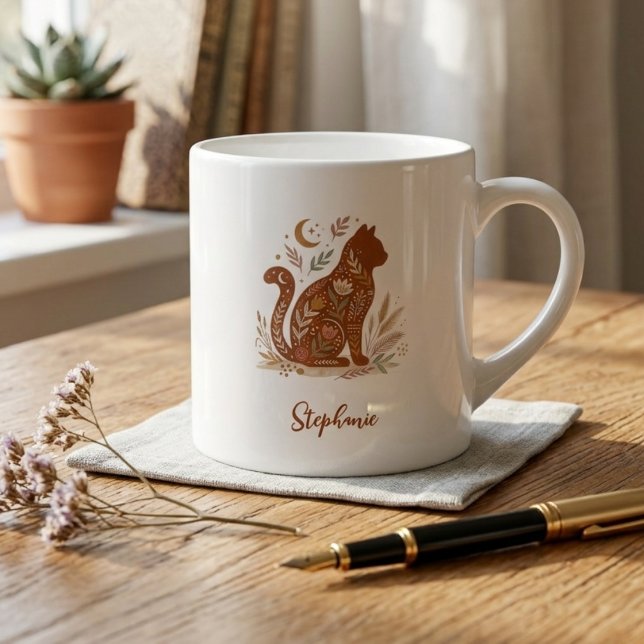 Taza De Espresso Earthy Folk Art Cat Celestial Floral Design (Folk art floral cat espresso cup)