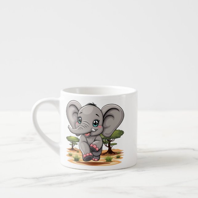 Taza De Espresso El bebé elefante salta feliz en la sabana africana (Izquierda)