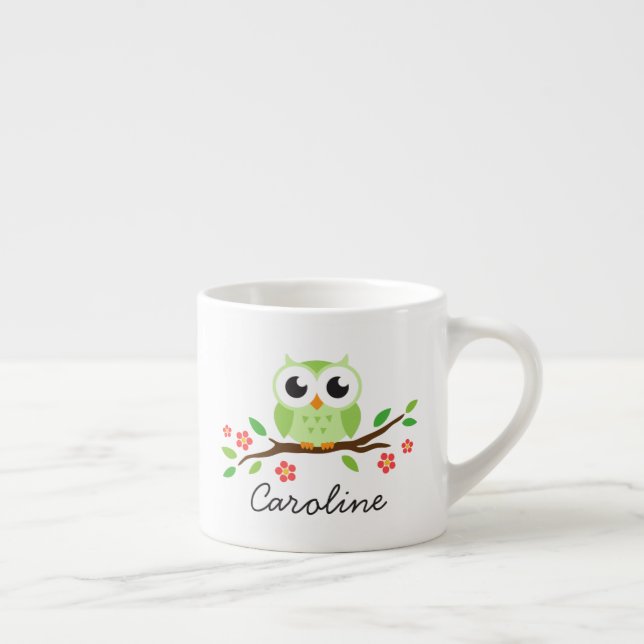 Taza De Espresso El búho verde lindo en rama floral personalizó (Derecha)
