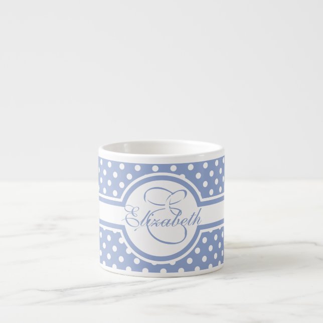 Taza De Espresso Elegantes puntos de Polka Blanco en Monograma Azul (Frente)