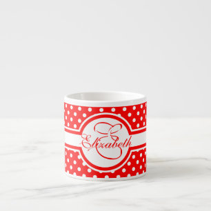 Taza De Espresso Elegantes puntos de Polka Blanco en Monograma Rojo