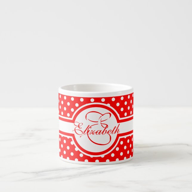 Taza De Espresso Elegantes puntos de Polka Blanco en Monograma Rojo (Frente)
