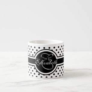 Taza De Espresso Elegantes puntos de polka negra en monograma blanc