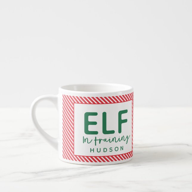 Taza De Espresso Elf entrenando Navidades rojos, verdes y blancos (Izquierda)