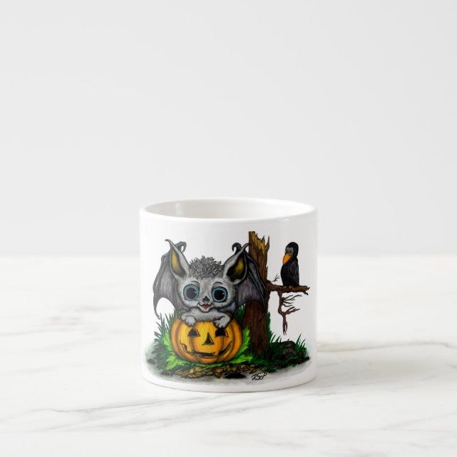 Taza De Espresso Esperando Halloween , Cute Bat y Raven (Frente)