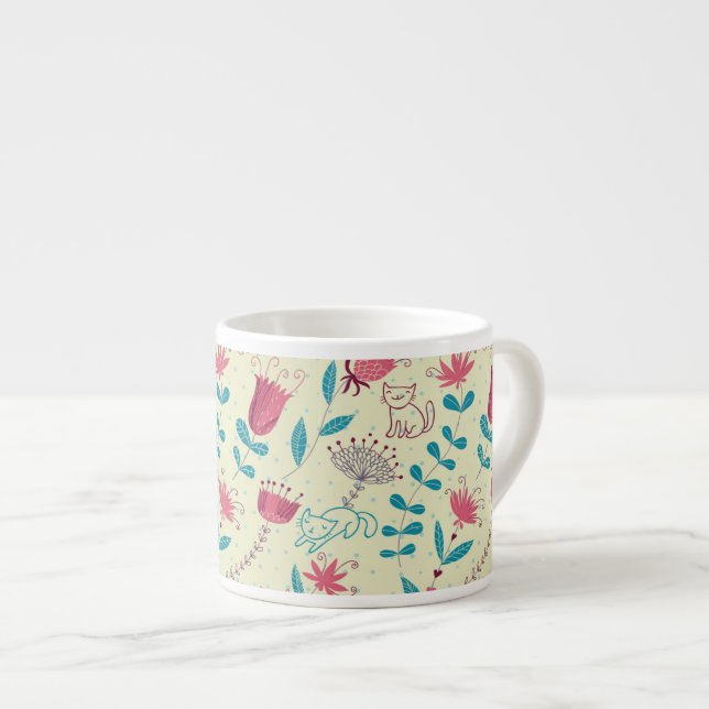 Taza De Espresso Estampado de flores con los gatos del dibujo (Derecha)
