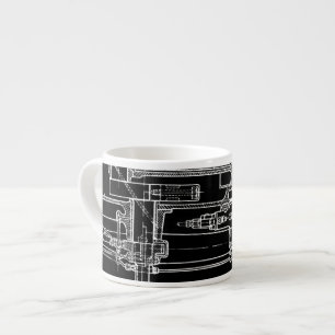 Taza De Espresso FaB MeChaNiCal DrAwinG BlUEpRiNT Blanco y negro