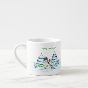 Taza De Espresso ¡Felices Navidad! Muñeco de nieve con el gato y 