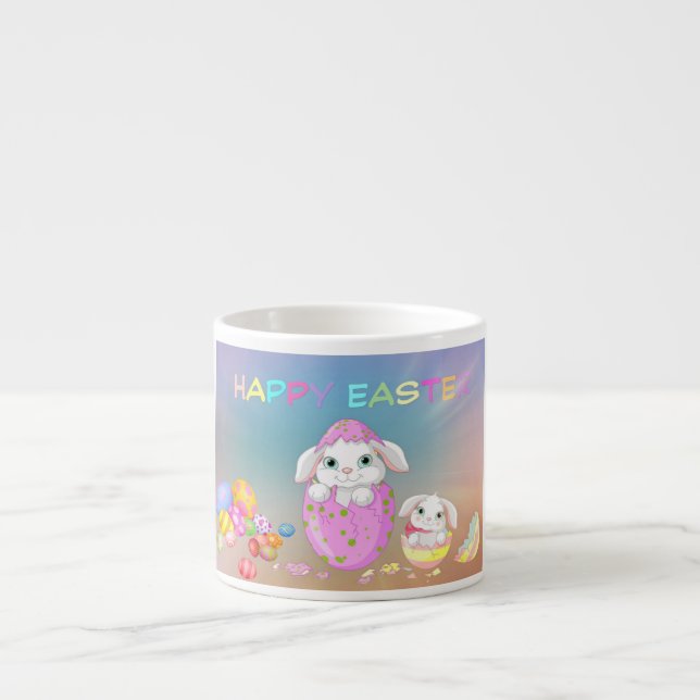 Taza De Espresso Feliz conejo de Pascua con huevos pintados, coneji (Frente)