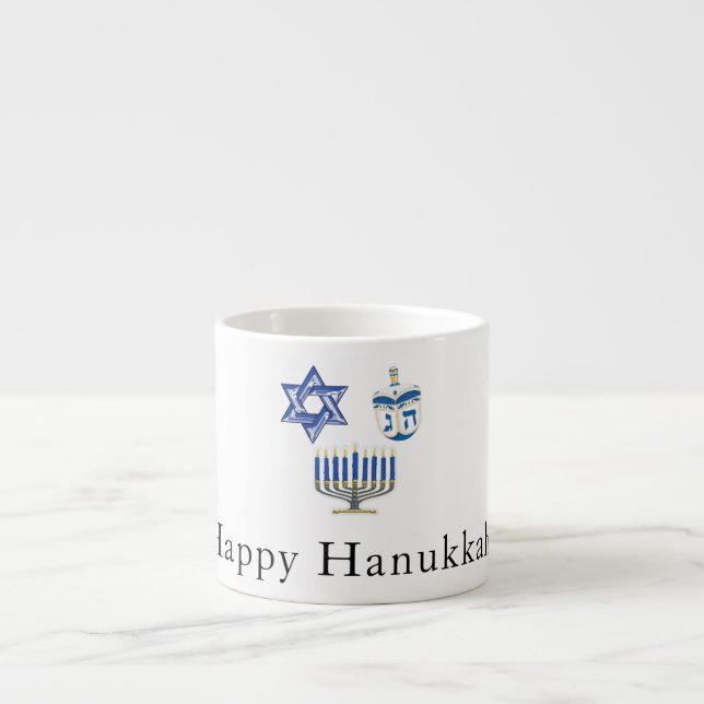 Taza De Espresso Feliz Hanukkah azul y blanco (Frente)
