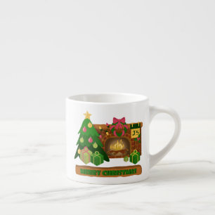Taza De Espresso Feliz Navidad cerca de la chimenea de fuego árbol