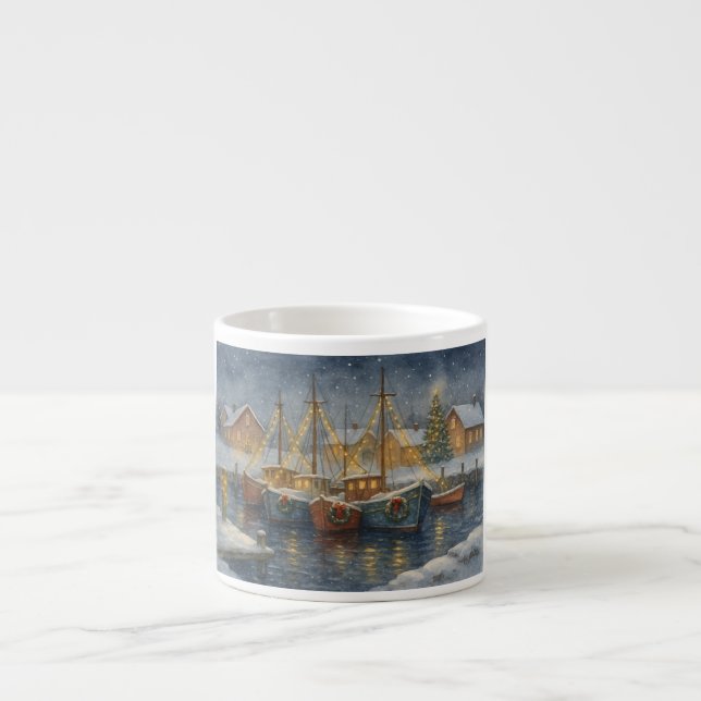 Taza De Espresso Fishing Boats in Harbor Christmas (Frente)