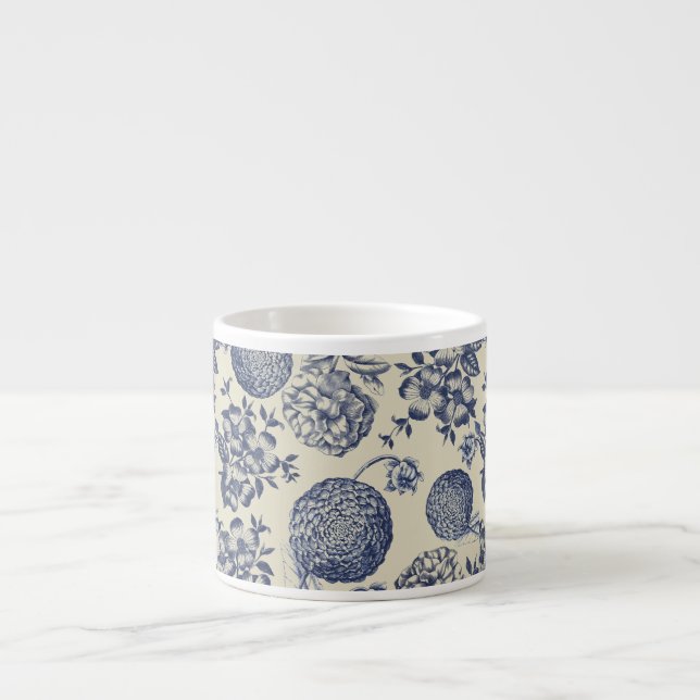 Taza De Espresso Flor azul anticuada impresa floral (Frente)