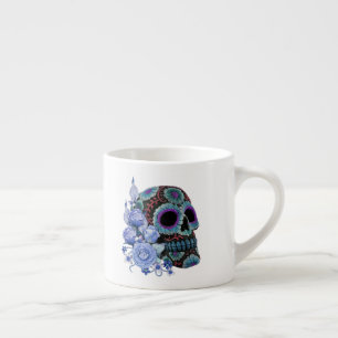 Taza De Espresso Floral Azul Floral Black Sugar Skull Day Of The De