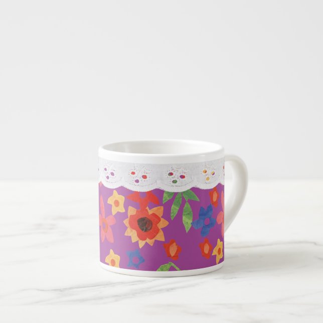 Taza De Espresso Floral retro en magenta, espresso falso encaje (Derecha)