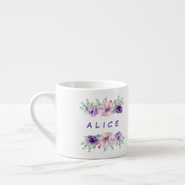Taza De Espresso Floral romántica personalizada de Lilac y eucalipt (Izquierda)