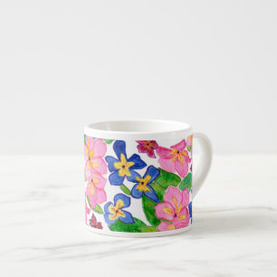 Taza De Espresso Floral rosa, crimson y azul en blanco