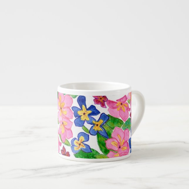 Taza De Espresso Floral rosa, crimson y azul en blanco (Derecha)