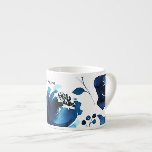 Taza De Espresso Flores Acuarela Floral Azul Elegante Personalizado