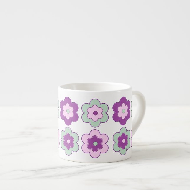 Taza De Espresso Flores Burbuja Retro (Púrpura y Verde) Patrón (Derecha)