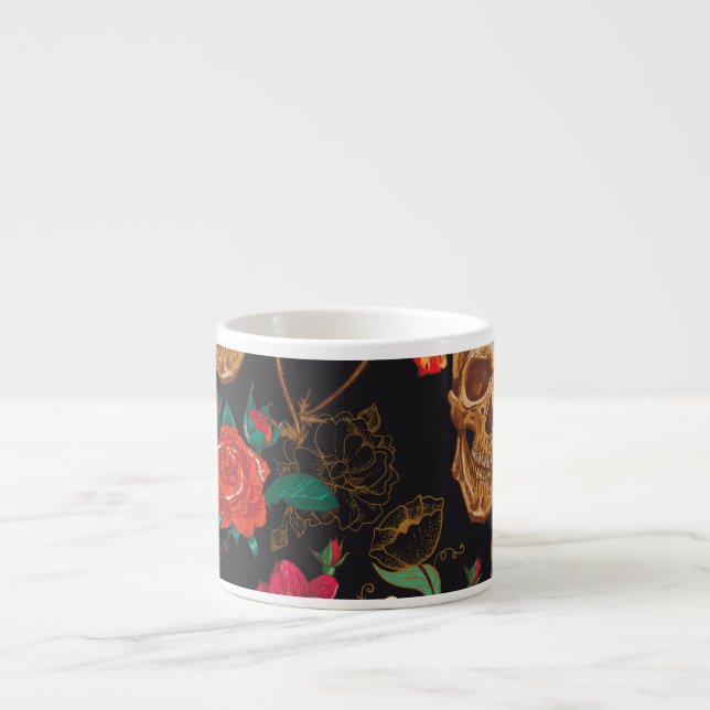 Taza De Espresso Flores De Calavera: Fondo Oscuro Sin Marea. (Frente)