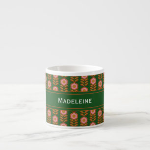 Taza De Espresso Flores de época, rosadas sobre verde monogramadas