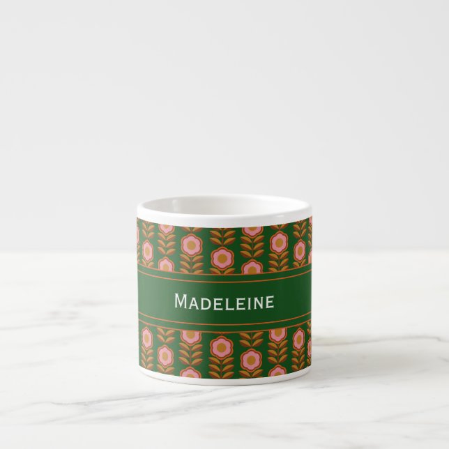 Taza De Espresso Flores de época, rosadas sobre verde monogramadas (Frente)