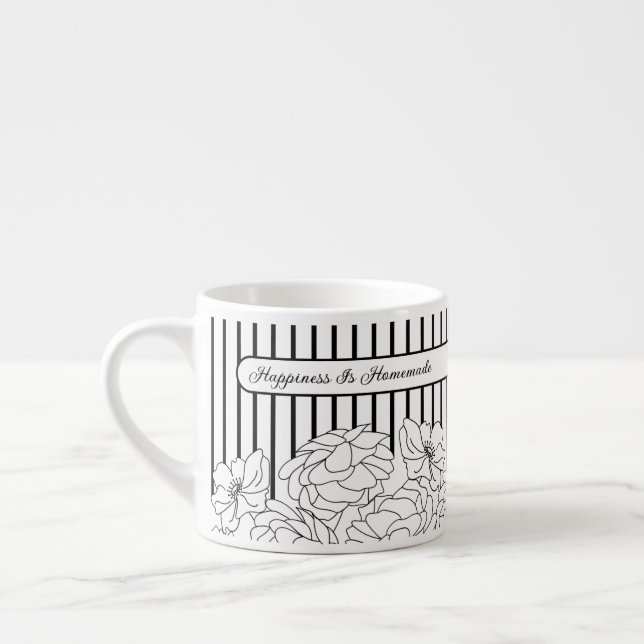 Taza De Espresso Flores en blanco y negro con rayas (Izquierda)