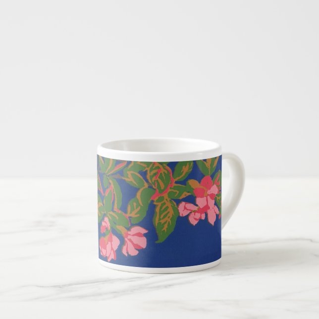 Taza De Espresso Flores japonesas rosadas en azul profundo (Derecha)