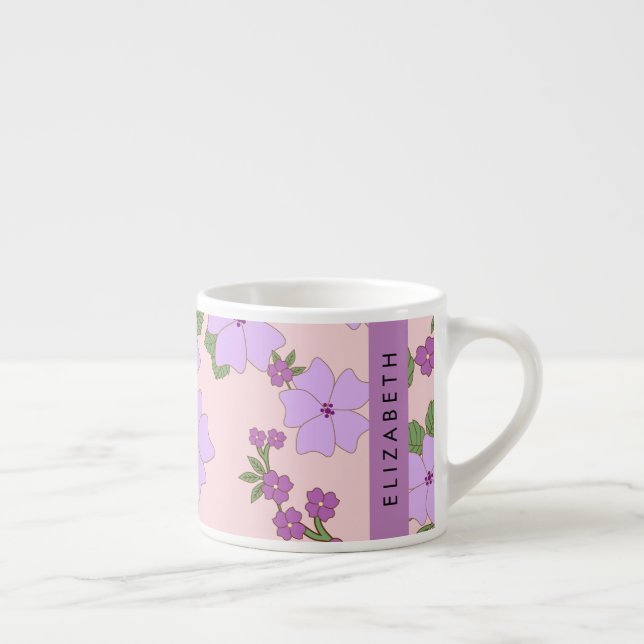 Taza De Espresso Flores Púrpura, Patrón De Flores, Tu Nombre (Derecha)