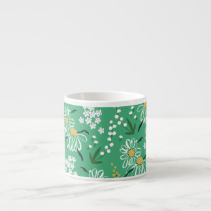 Taza De Espresso Flores Retro, Patrón Botánico Sin Marea.