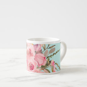 Taza De Espresso Flores rosas Rubor en azul claro