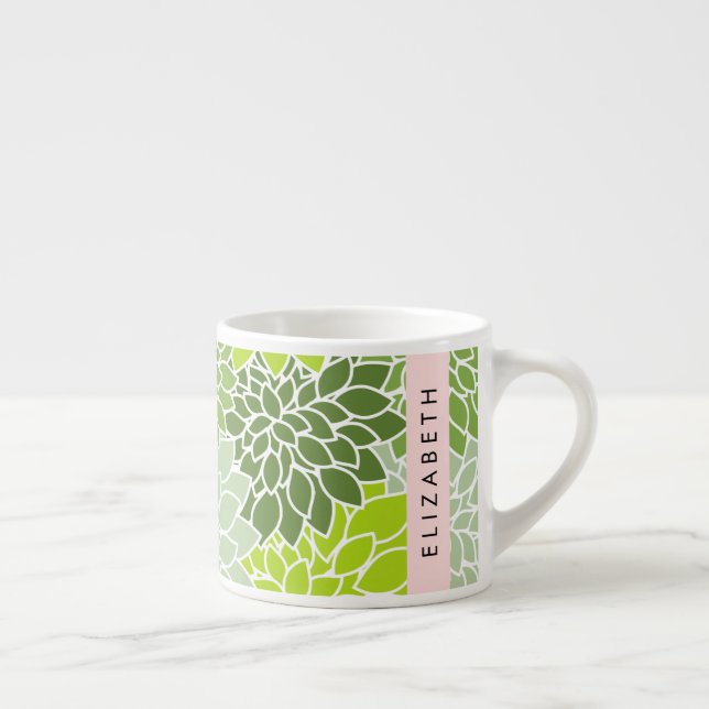Taza De Espresso Flores verdes de Dahlia, patrón floral, tu nombre (Derecha)