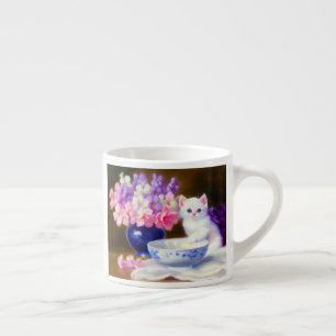 Taza De Espresso Gatito blanco vintage con cinta morada