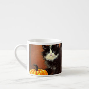 Taza De Espresso Gatito de Halloween blanco y negro vintage