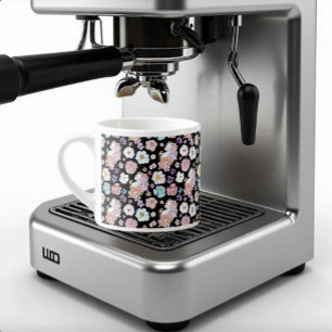 Taza De Espresso Gato Blanco Floral Pastel Botánico Romántico Negro