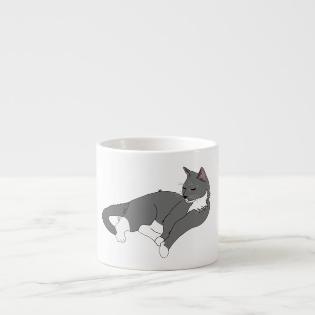 Taza De Espresso Gato de Tuxedo Gris y Blanco (Frente)